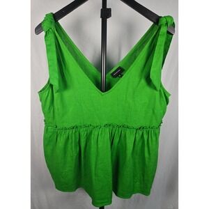 Green Linen Blend Tie Shoulder Peplum Tank Top Sz M Boho Coastal Resort Feminine